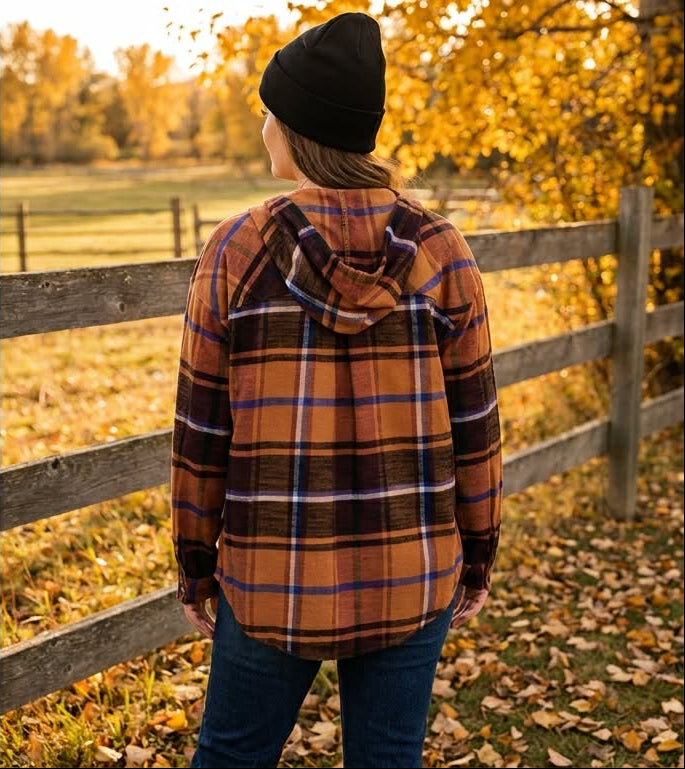Cabin Plaid Boyfriend Hooded Button-Down