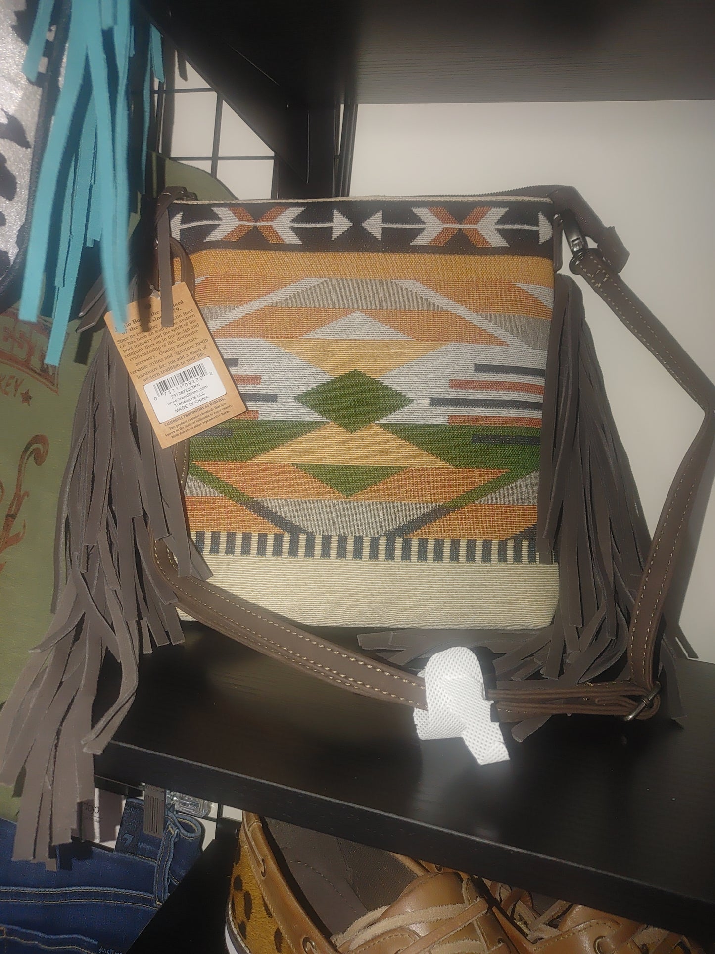 Fringe Southwestern Stripe Pattern Crossbody Bag