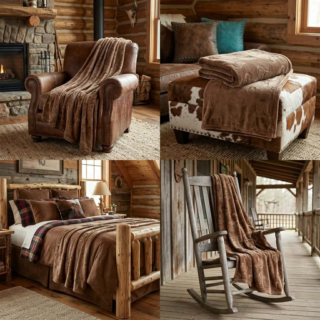 Brown Embossed Western Plush Throw Blanket