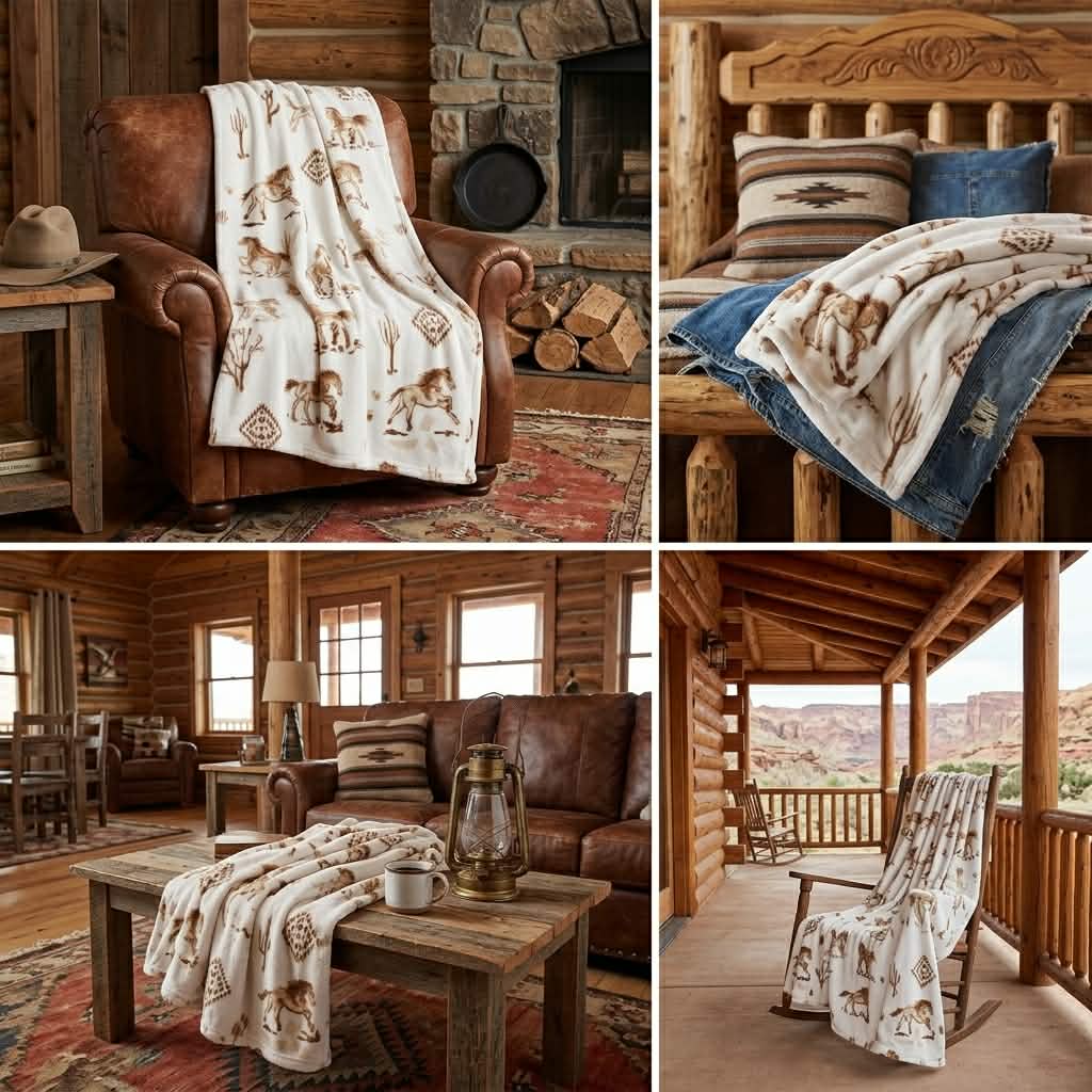 Soft White Horse Print Western Plush Throw Blanket