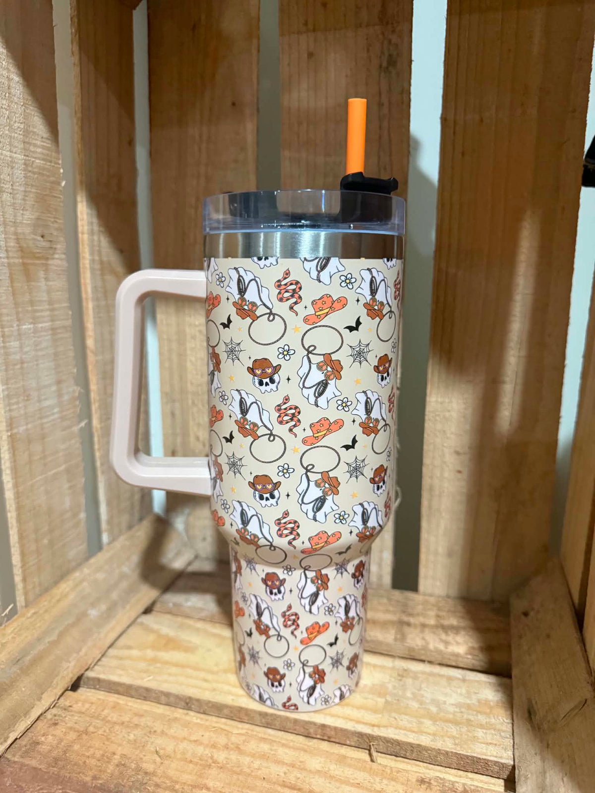 Cream Halloween Ghost & Pumpkin 40 oz Western Tumbler
