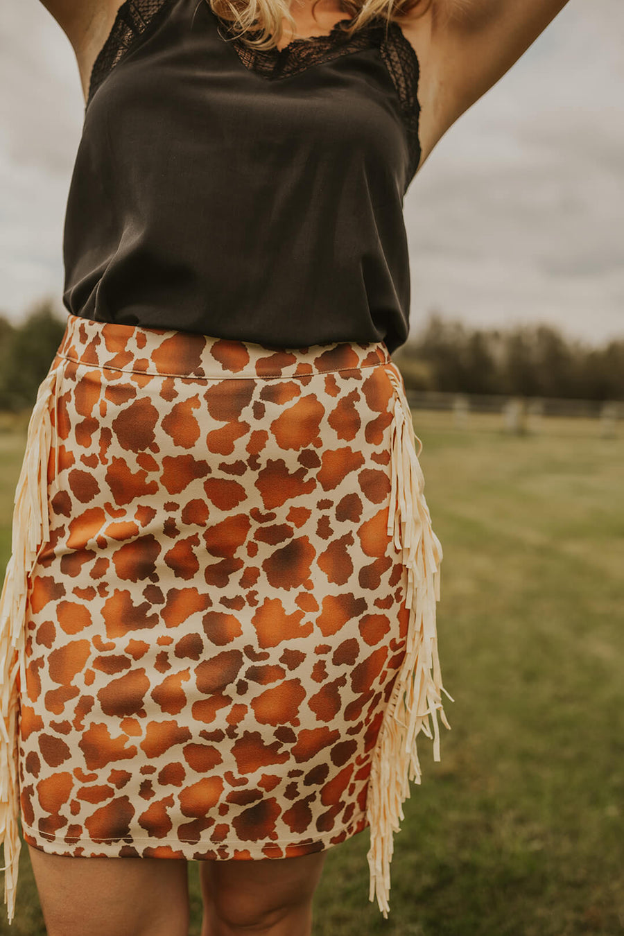 L&B Cow Print Fringe Skirt