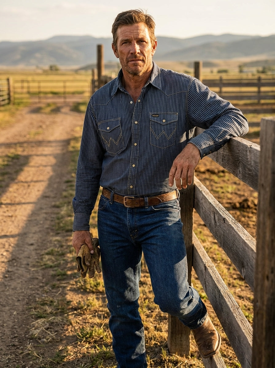 Wrangler Striped Denim Pearl Snap Shirt