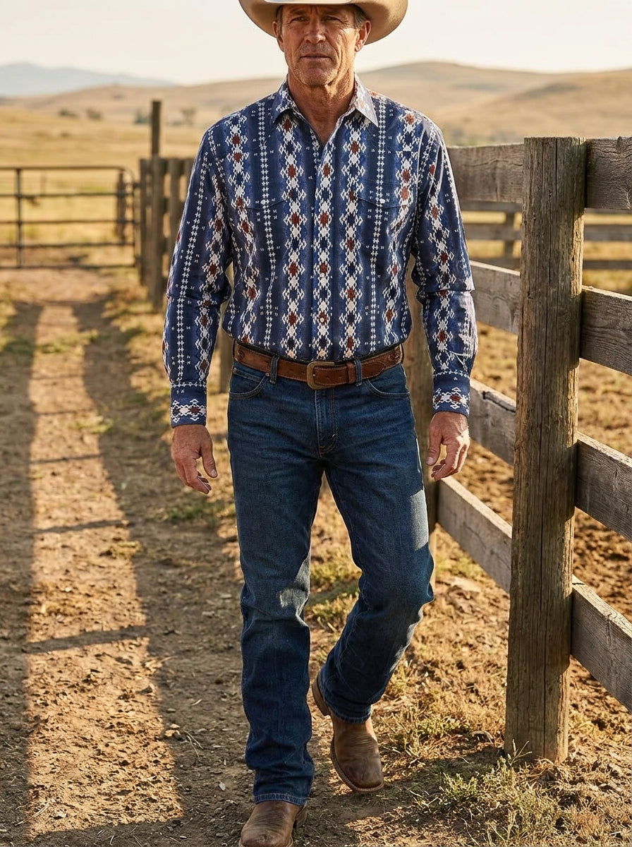 Wrangler Blue Red Tribal Print Pearl Snap Shirt