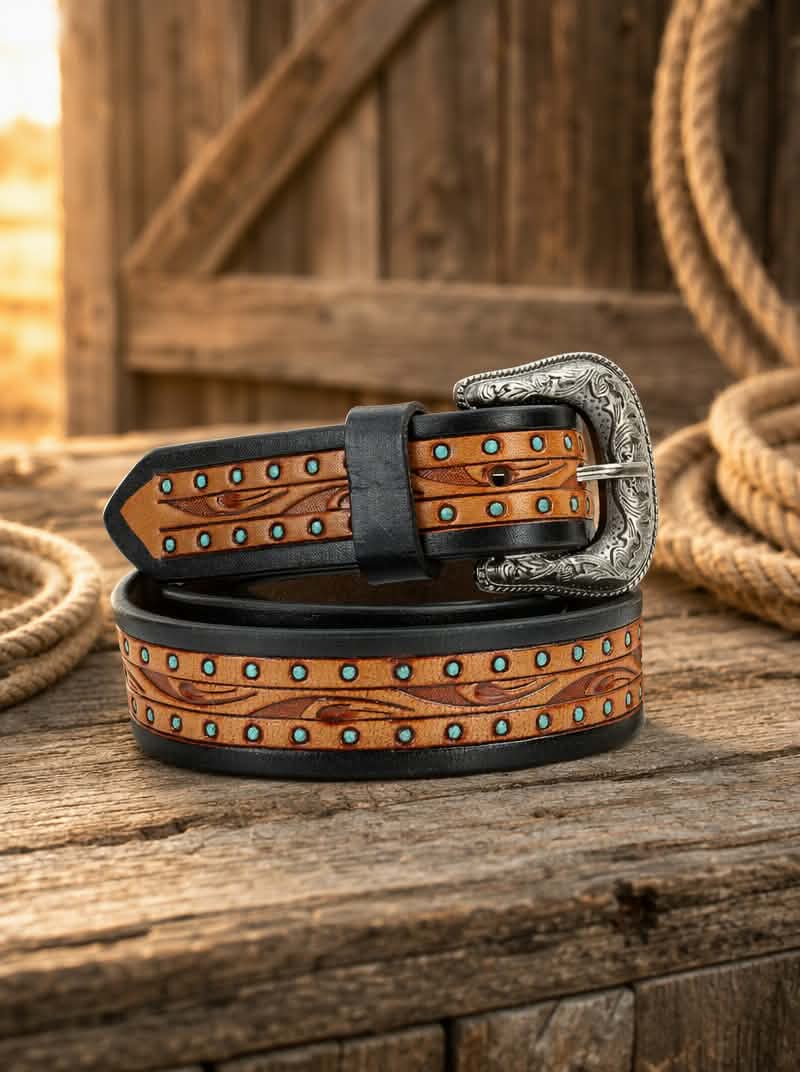American Bison Tri-Color Tooled Leather Belt with Turquoise Accents