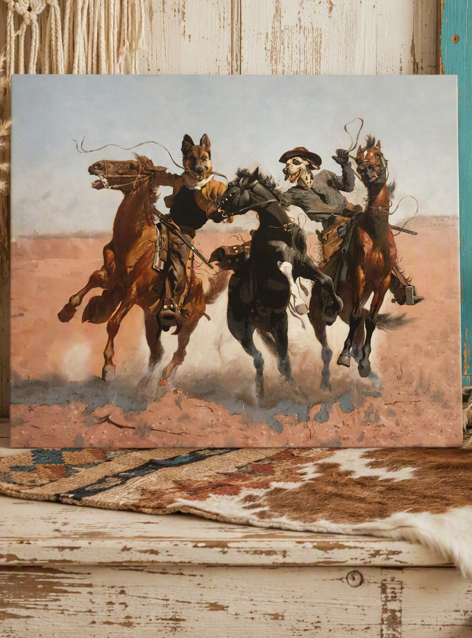 The Rowdy Rescue — Western Cowboy Dog Canvas Wall Art