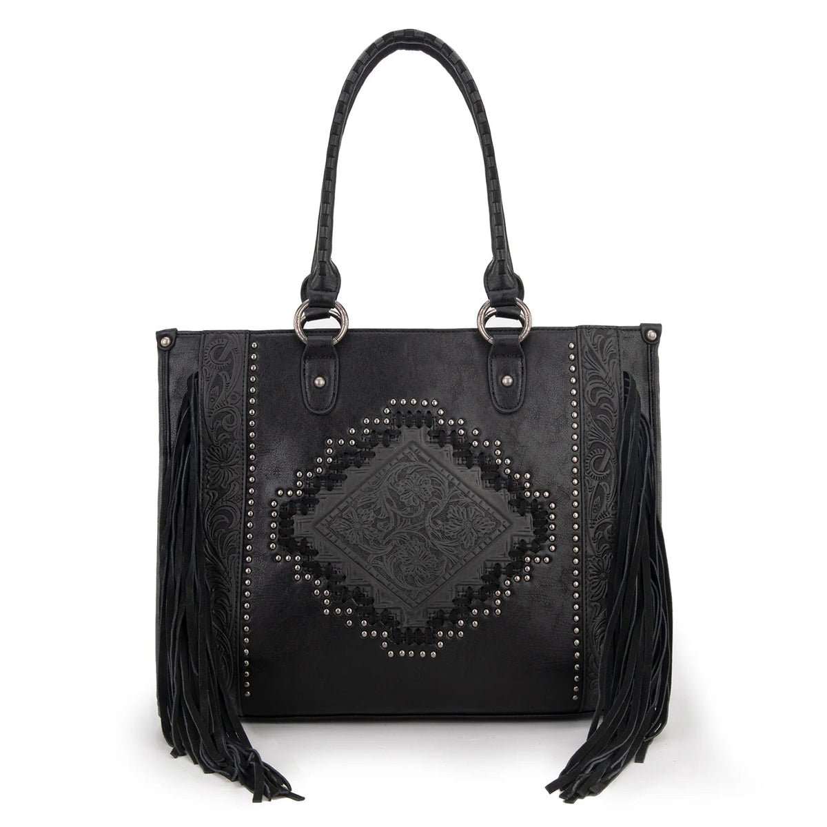 Montana West Black Floral Tooled Leather Fringe Conceal Carry Tote Bag