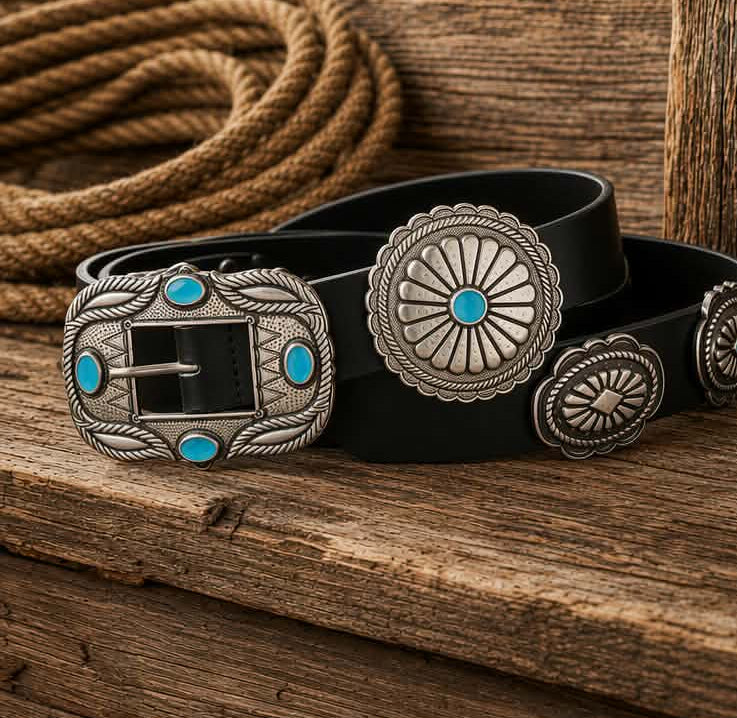 Black Faux Leather Concho Belt with Turquoise Accents