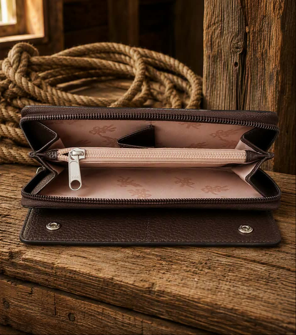 Angel Ranch Morgan Hair-On Hide Lightning Bolt Tooled Leather Wallet