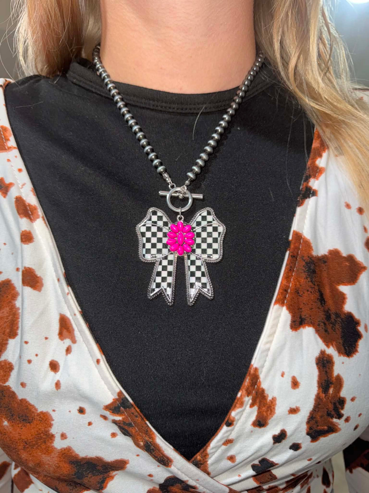 Checkered Bow Concho Necklace