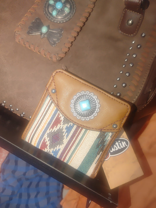 Leather & Southwestern Fabric Card Wallet with Turquoise Concho