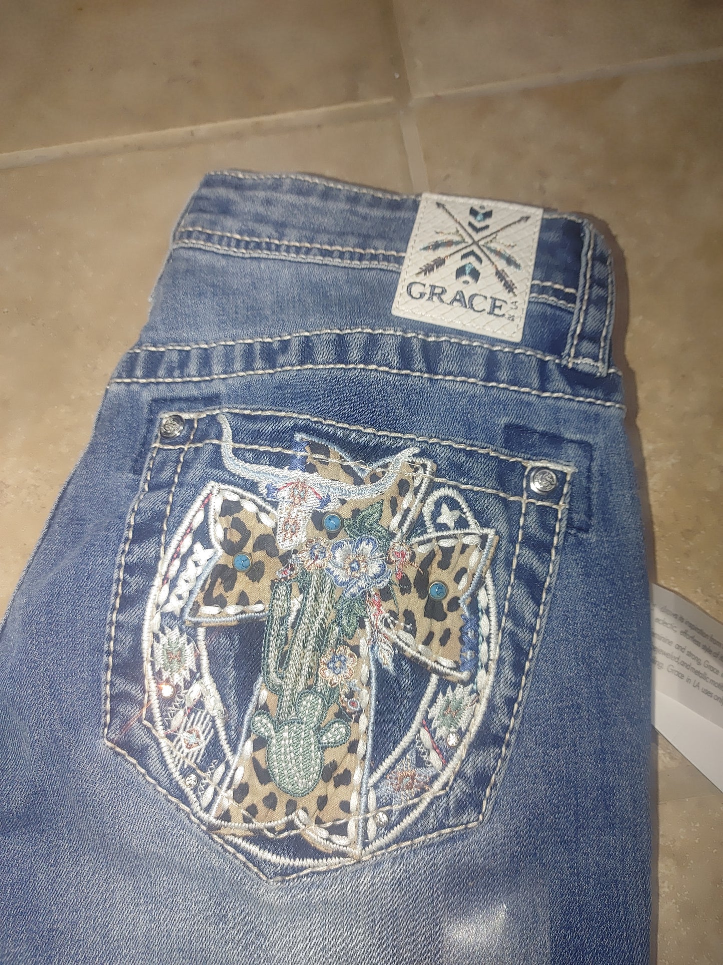 Embroidered Cross Leopard Western Blue Jeans