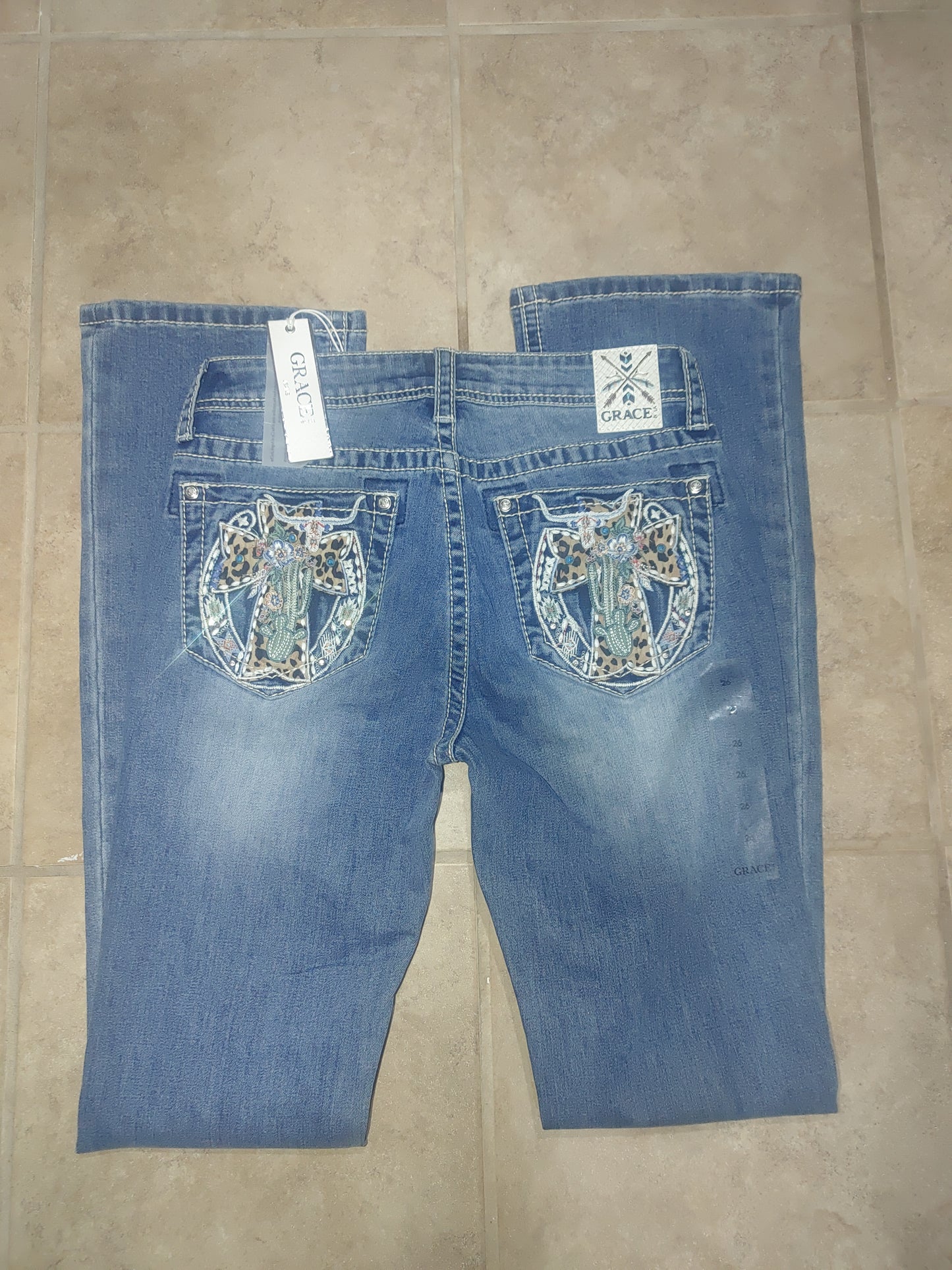 Embroidered Cross Leopard Western Blue Jeans