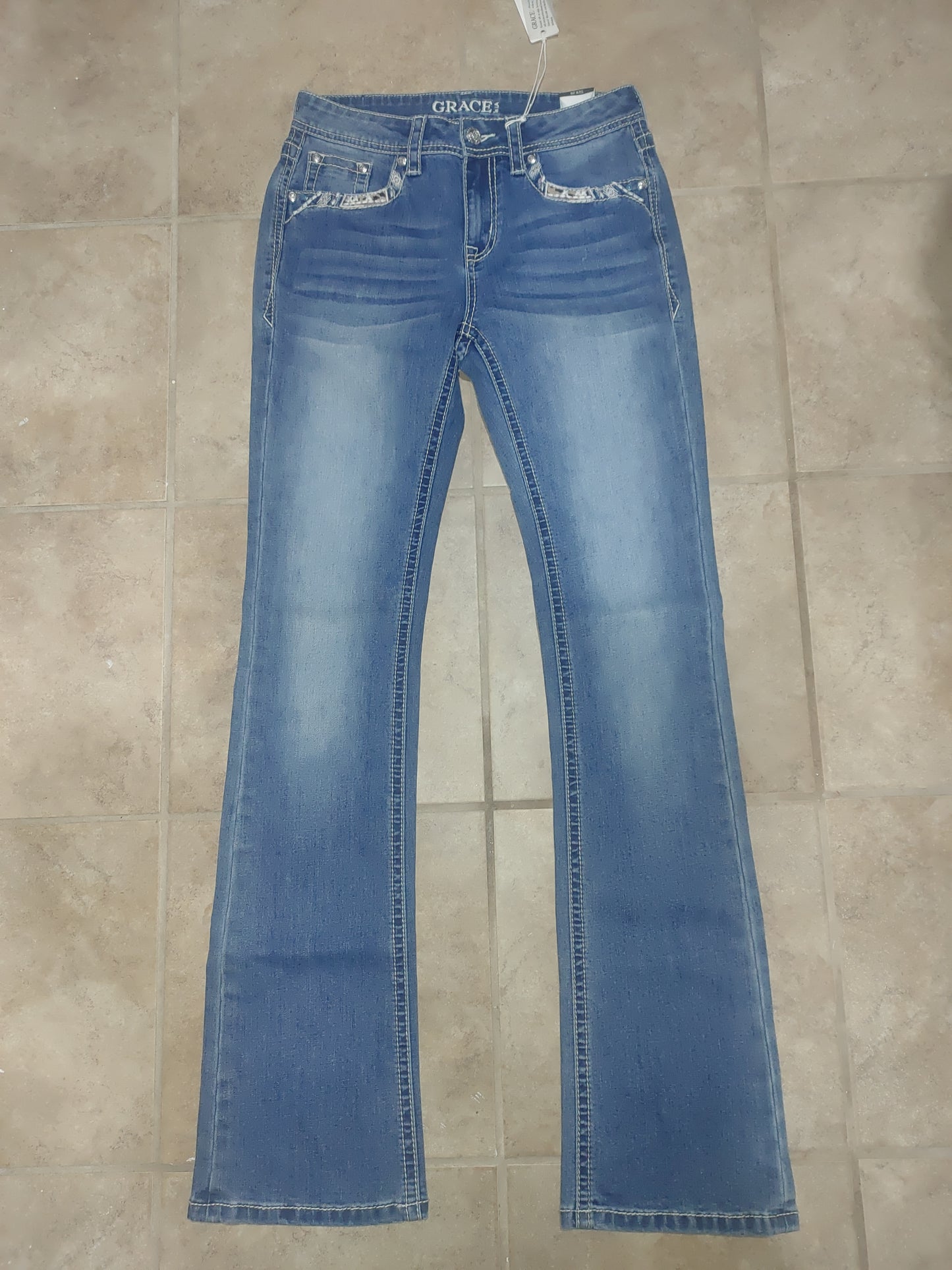 Embroidered Cross Leopard Western Blue Jeans
