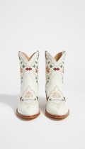 Western-stitched white leather ankle boots