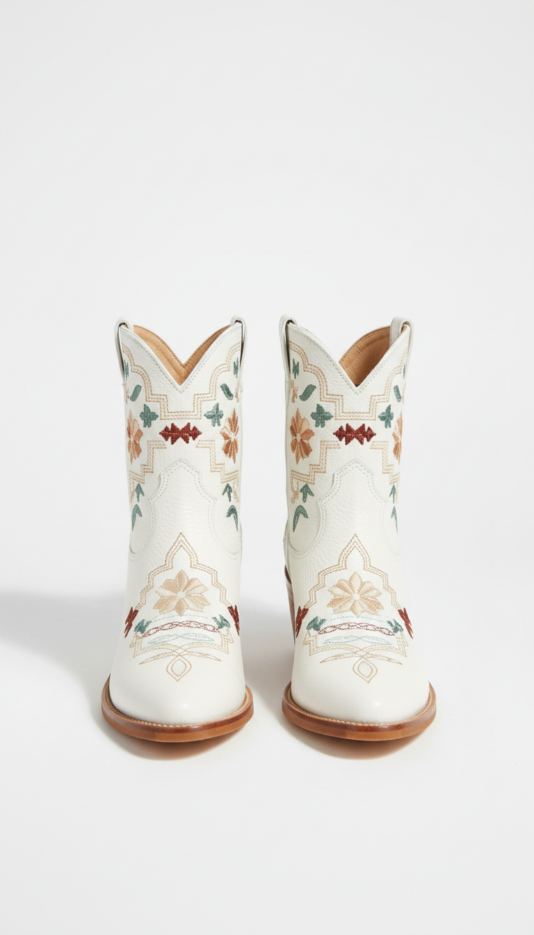 Western-stitched white leather ankle boots