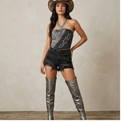 Two-Tone Denim Zip-Front Crop Top