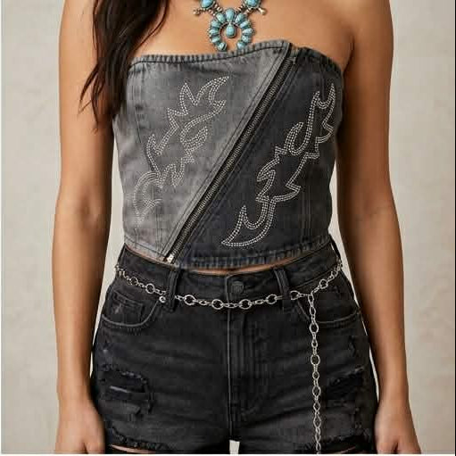 Two-Tone Denim Zip-Front Crop Top