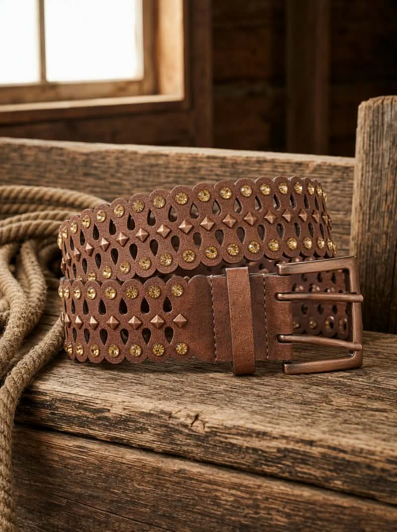 Scalloped Leather Belt with Yellow Rhinestones