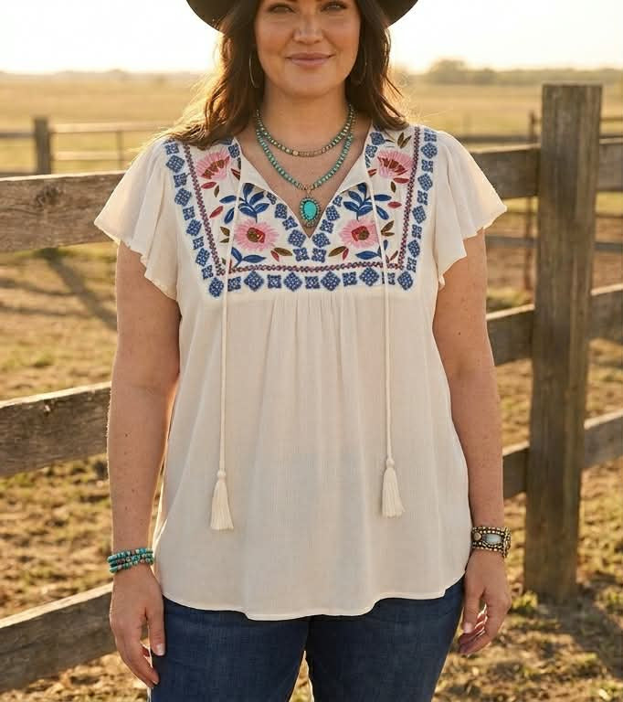 Embroidered Tie Front Western Blouse