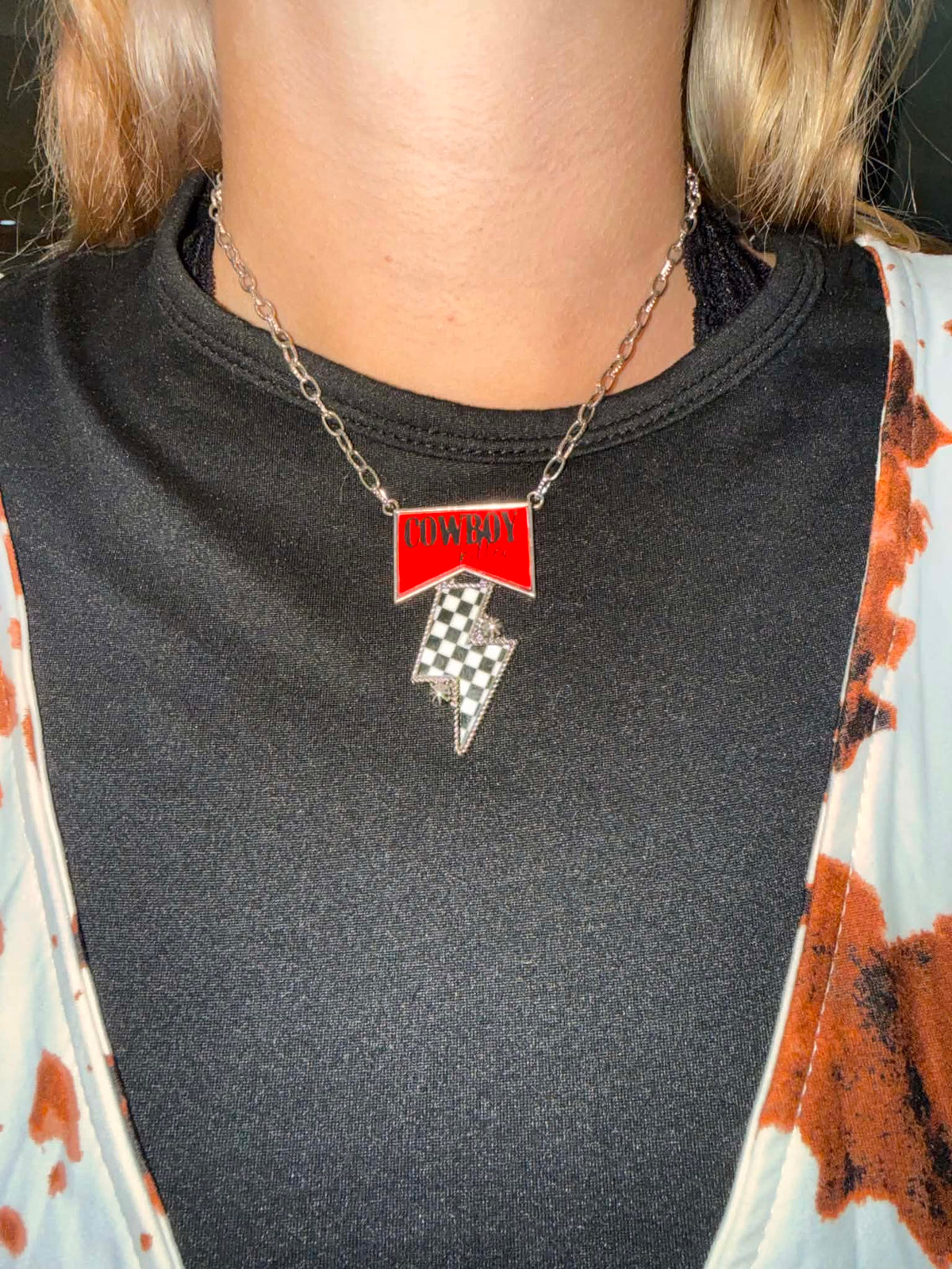 Howdy Checkered Lightning Bolt Necklace