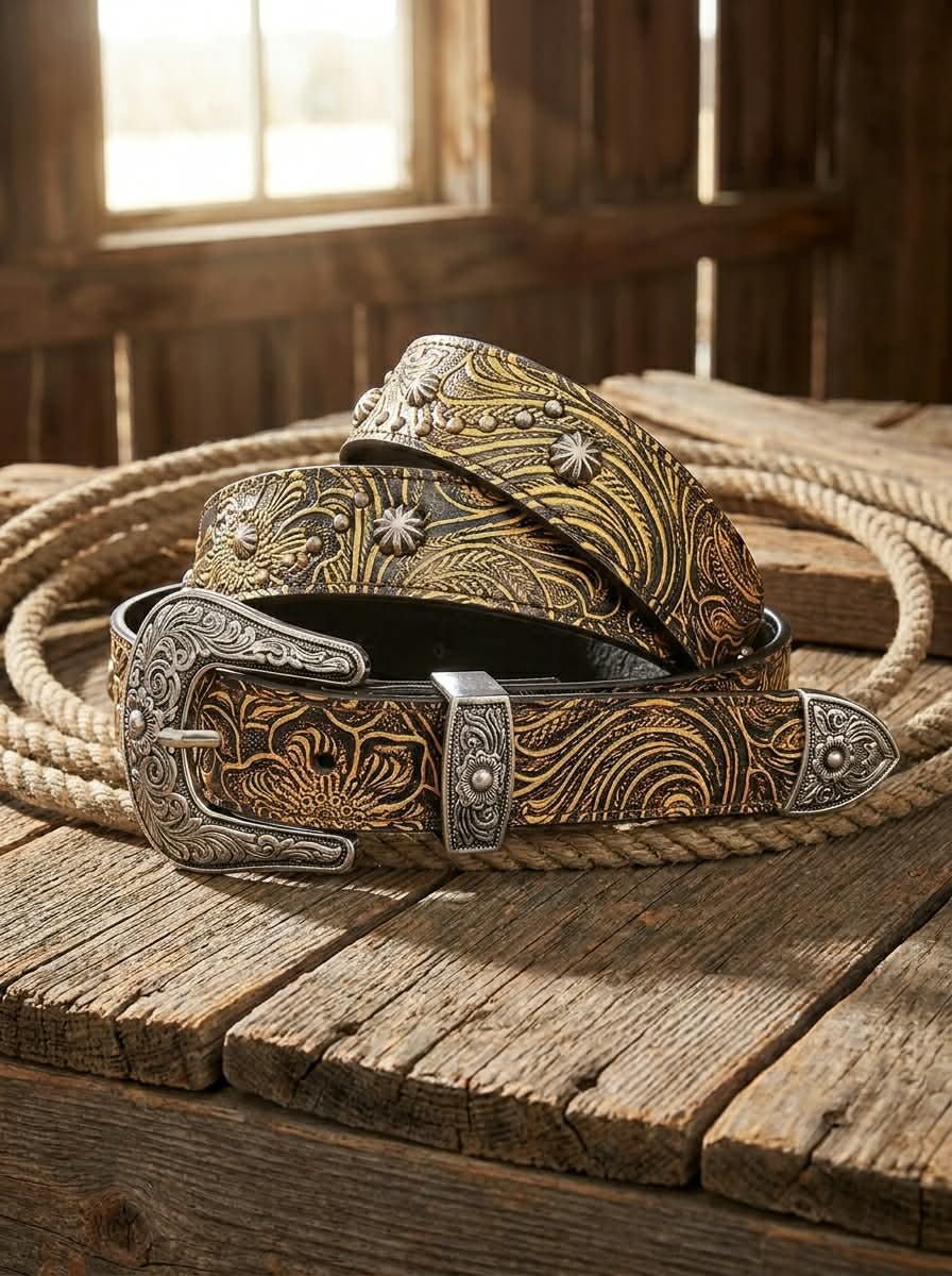 Cowgirls Rock Tooled & Studded Genuine Leather Western Belt - Brown