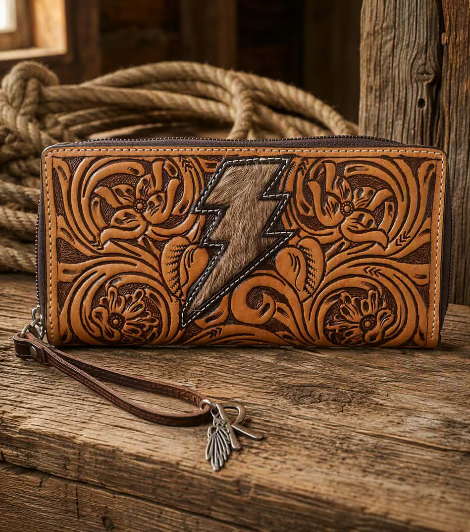 Angel Ranch Morgan Hair-On Hide Lightning Bolt Tooled Leather Wallet