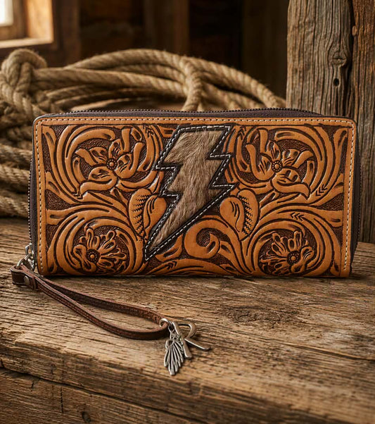 Angel Ranch Morgan Hair-On Hide Lightning Bolt Tooled Leather Wallet