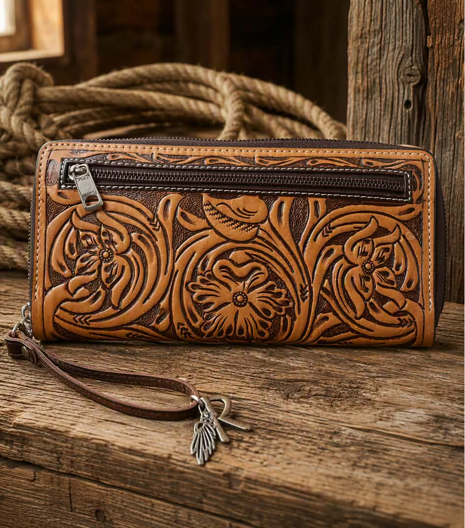 Angel Ranch Morgan Hair-On Hide Lightning Bolt Tooled Leather Wallet