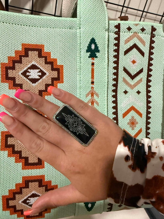 Black Western Boot Stitch Statement Ring