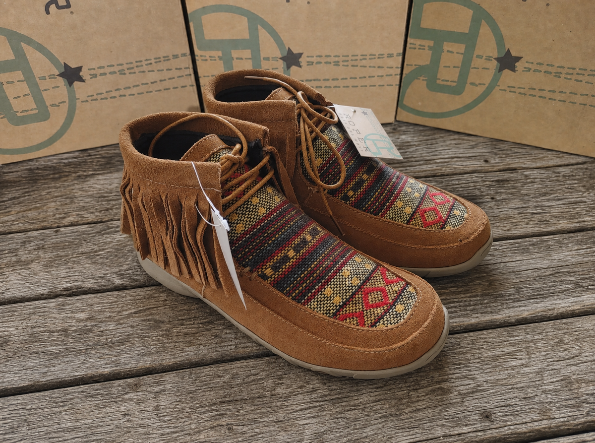 Roper Suede Fringe Chukka Moccasin Boots with Multicolor Textile Inset