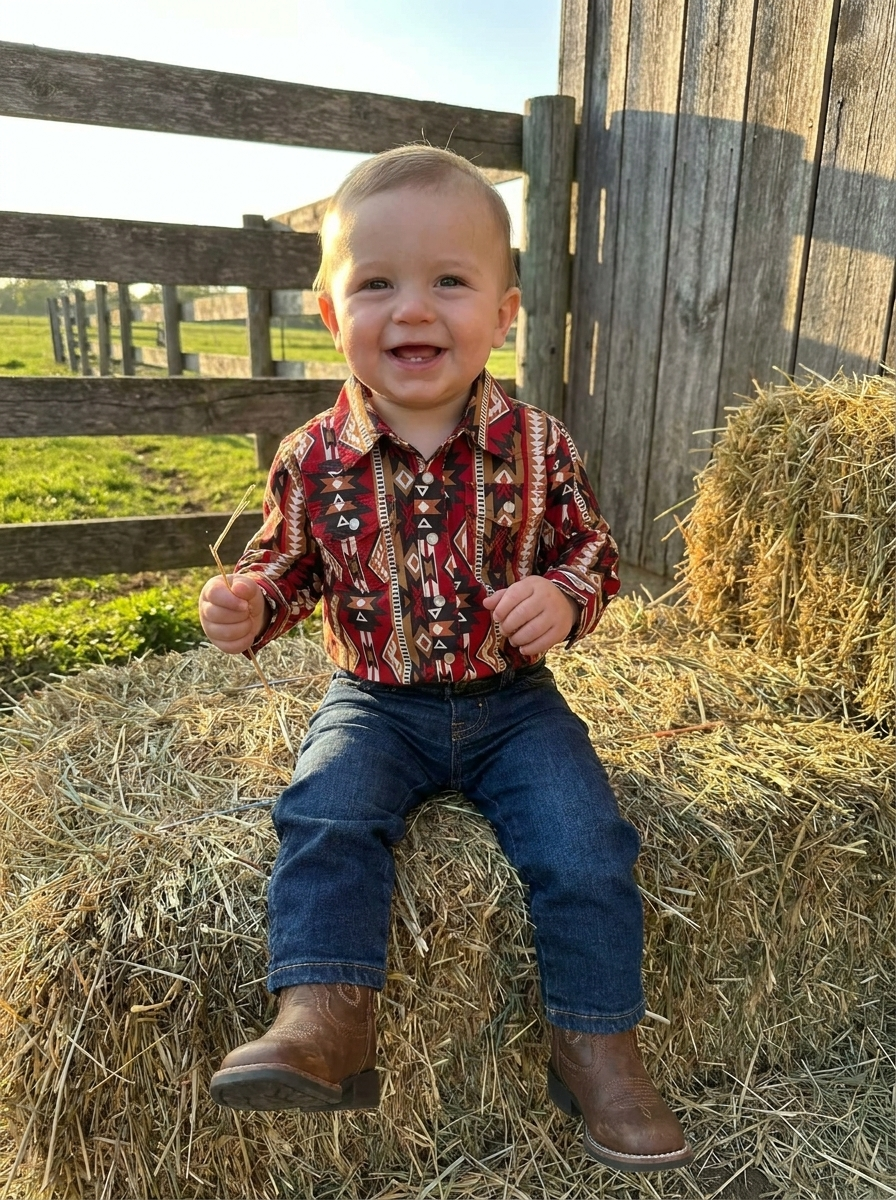🤠 Baby Boy Wrangler Red & Brown Pearl Snap Shirt