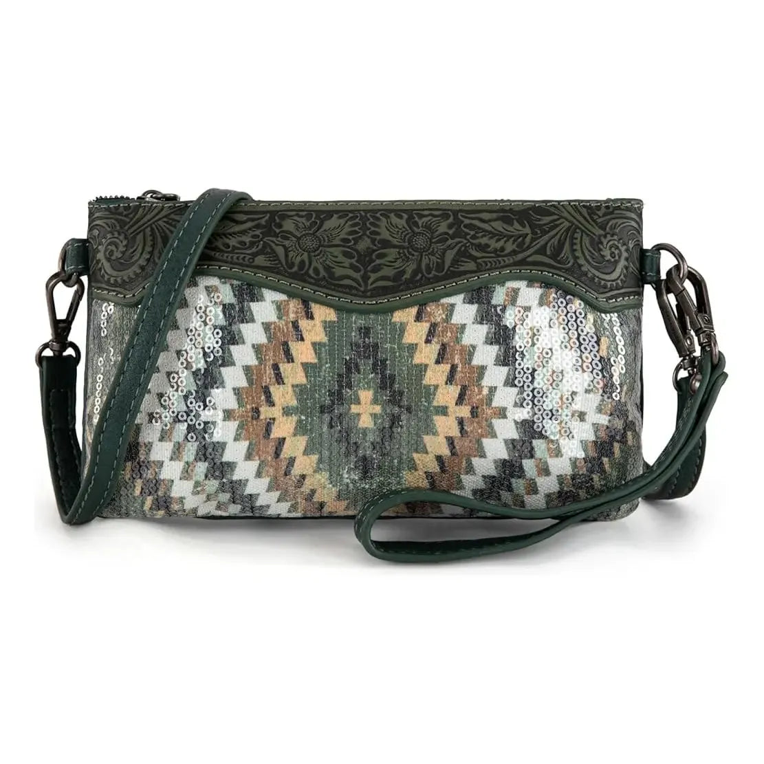 Green Sequin Aztec Tooled Crossbody / Wristlet