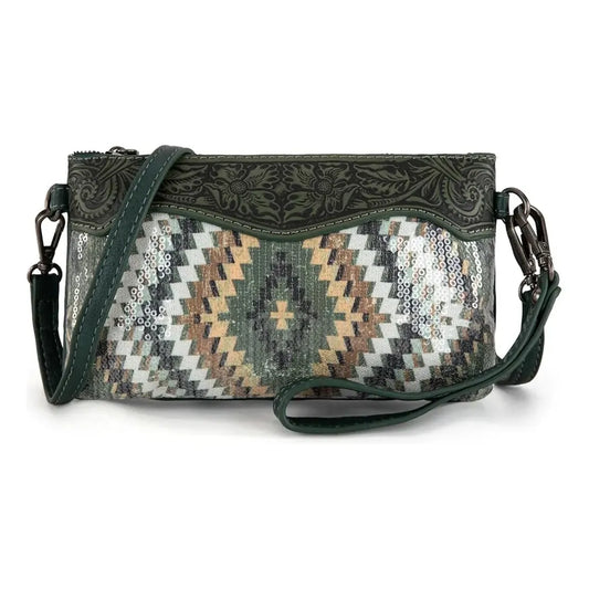 Green Sequin Aztec Tooled Crossbody / Wristlet