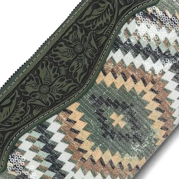 Green Sequin Aztec Tooled Crossbody / Wristlet