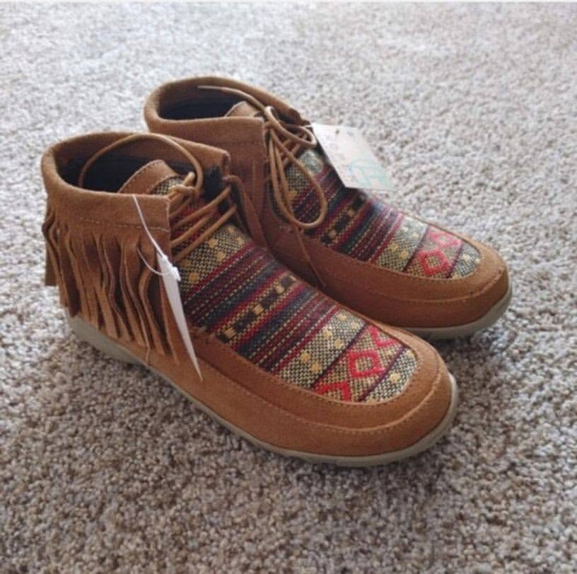 Suede Fringe Chukka Moccasin Boots with Multicolor Textile Inset