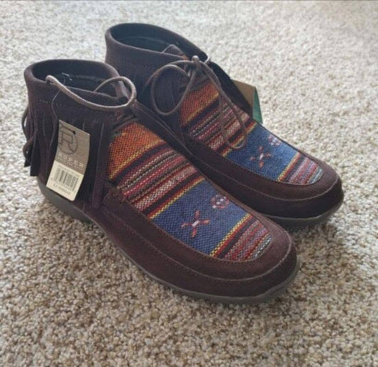 Suede Fringe Chukka Moccasin Boots with Multicolor Textile Inset