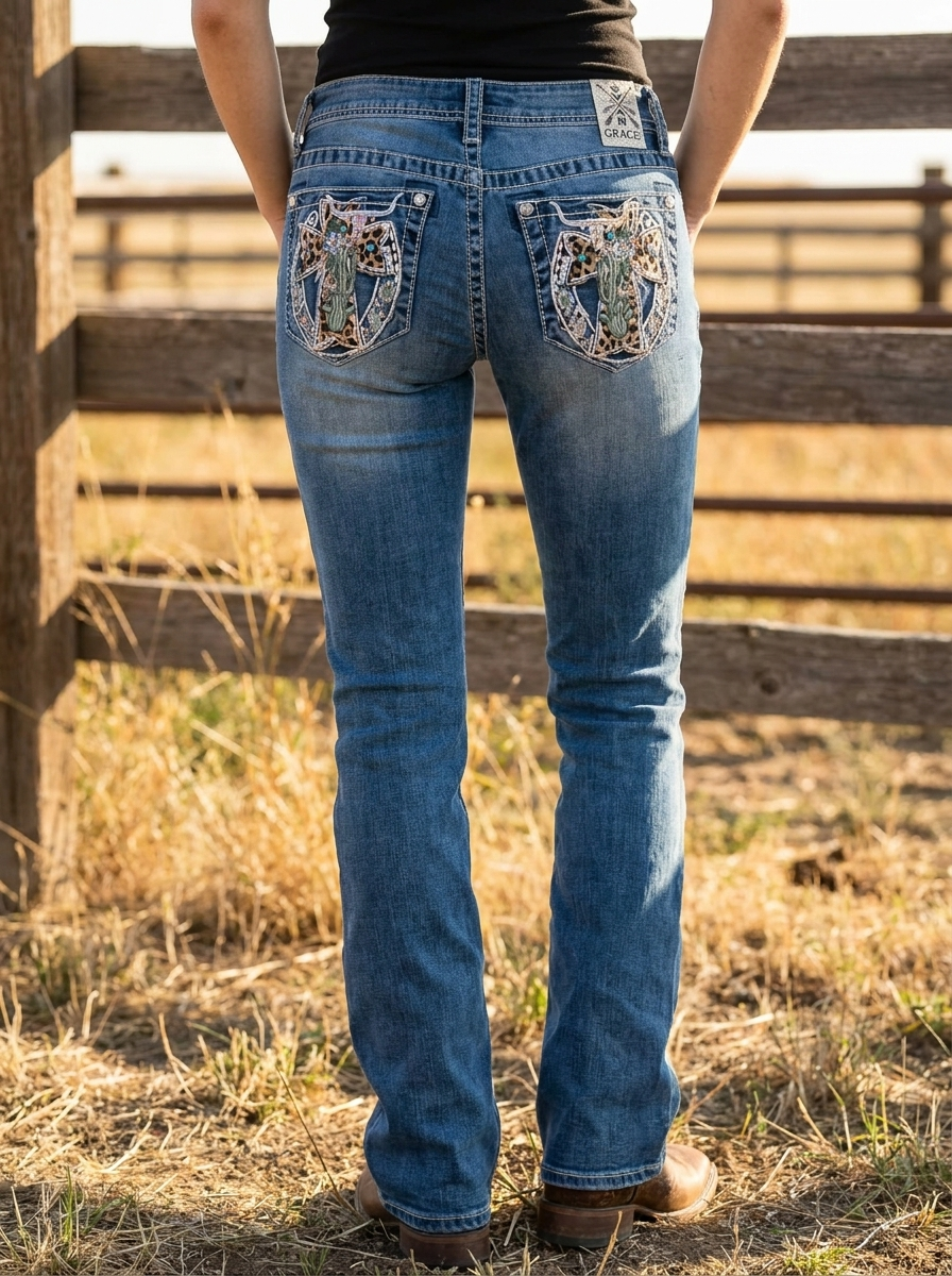 Grace in LA Turquoise Embellished Bootcut Jeans