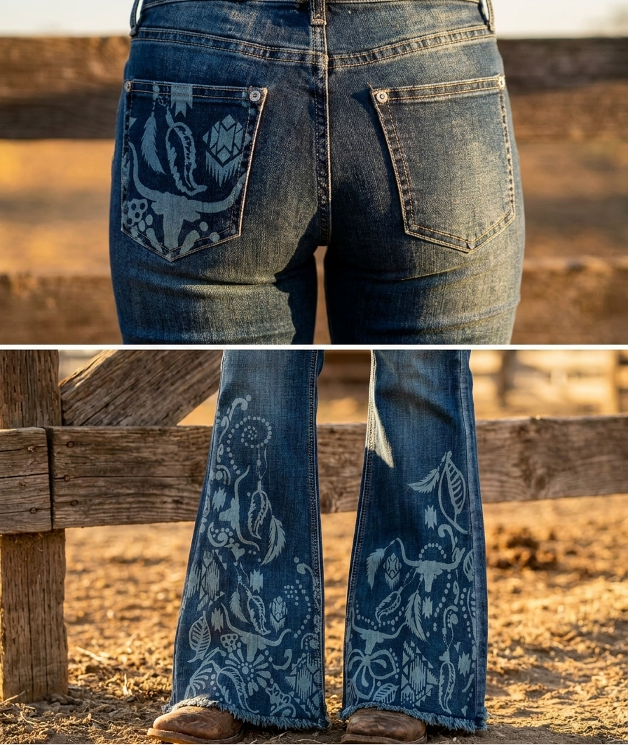 Grace in LA Western Artwork Flare Jeans