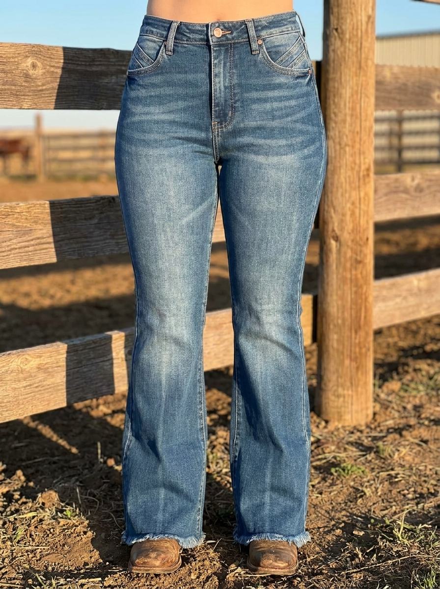 KanCan High Rise Two-Tone Raw Hem Flare Jeans