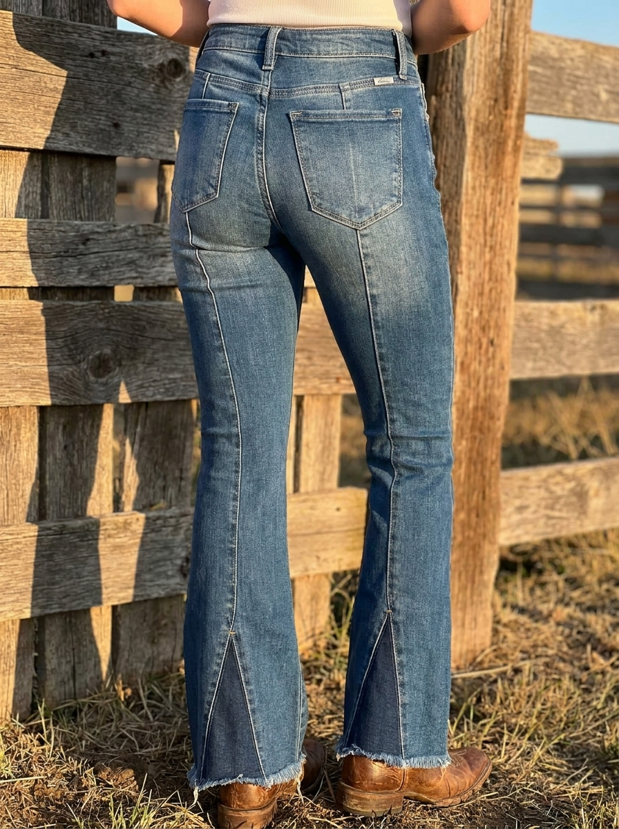 KanCan High Rise Two-Tone Raw Hem Flare Jeans