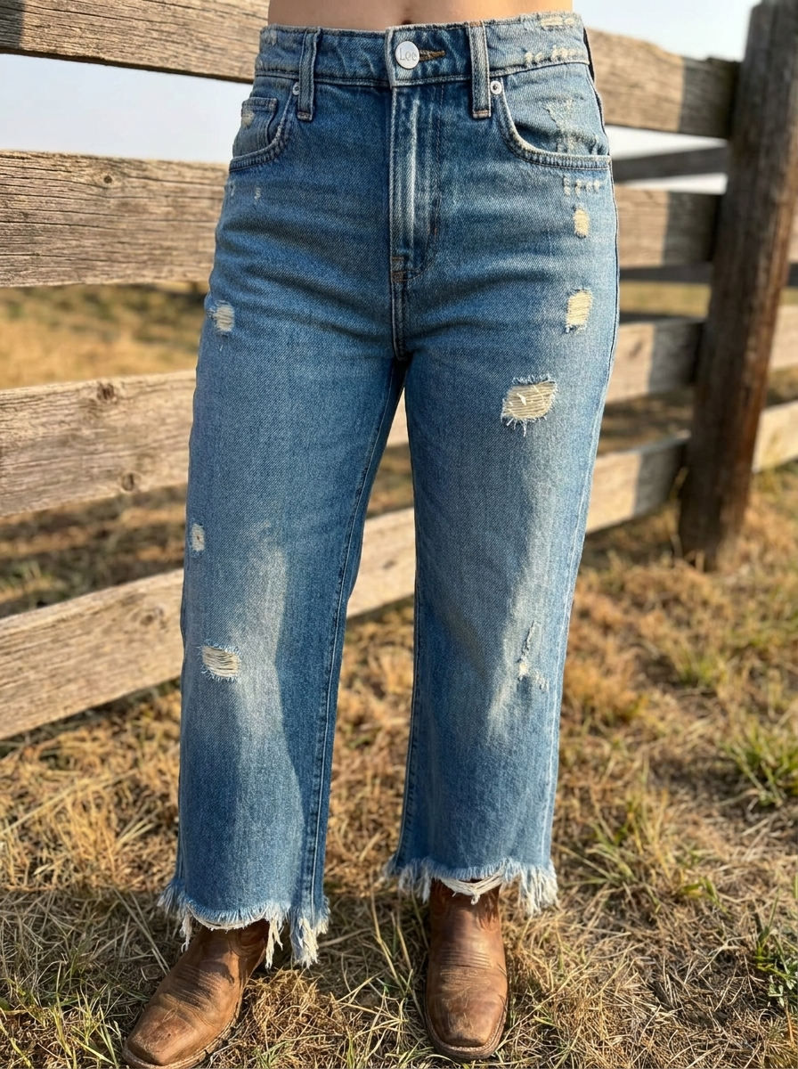 Lee High Rise Raw Hem Wide Leg Jeans