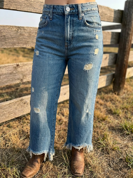 Lee High Rise Raw Hem Wide Leg Jeans