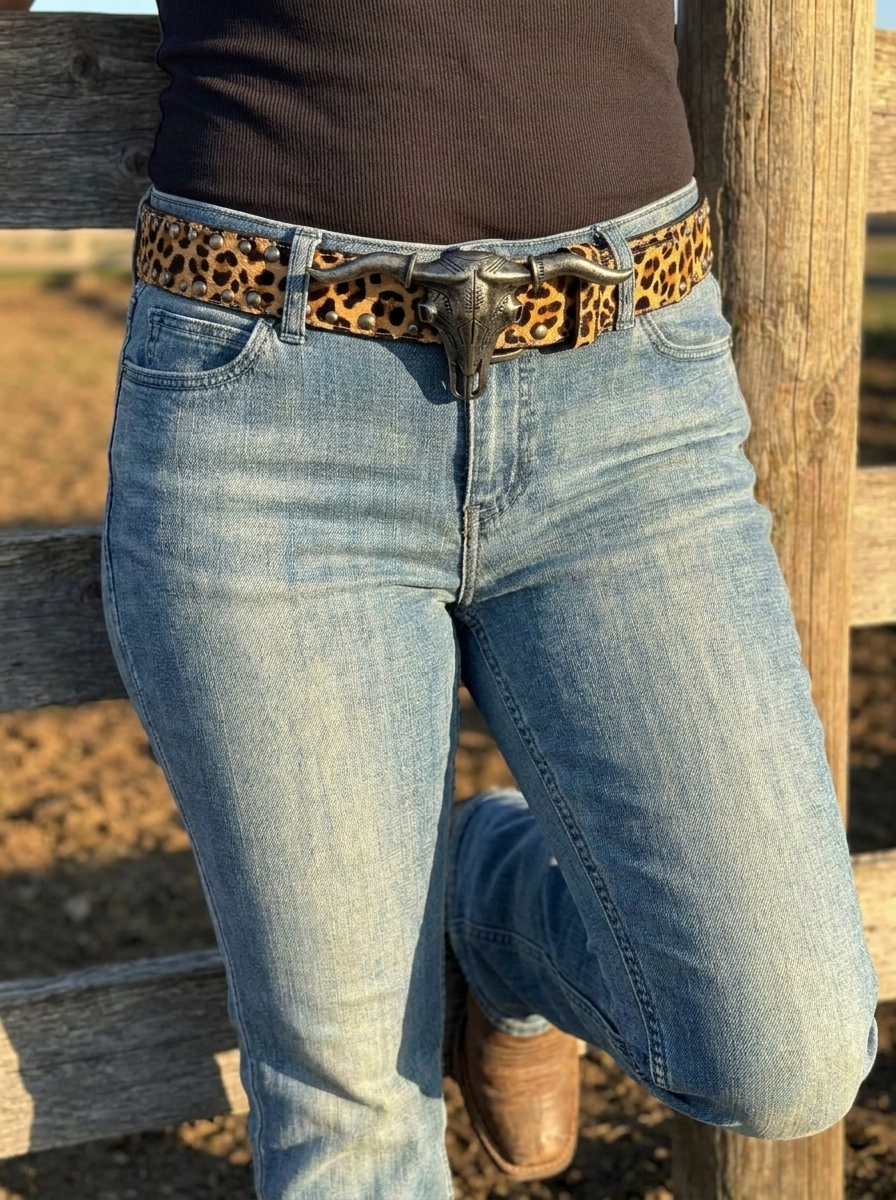 L&B Studded Cheetah Longhorn Western Belt