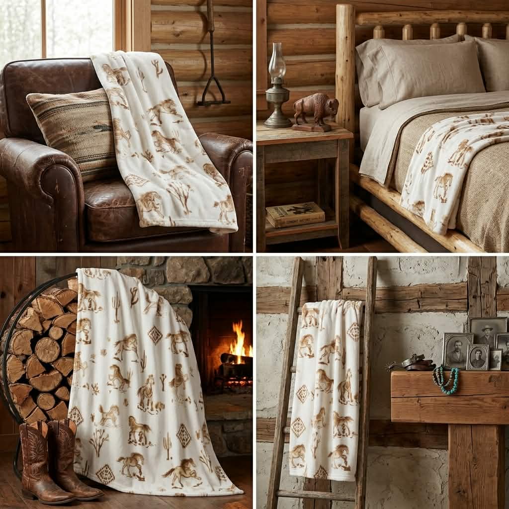 Soft White Horse Print Western Plush Throw Blanket