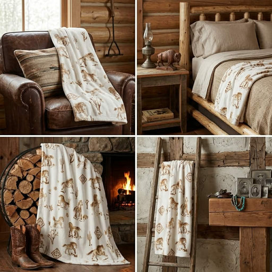 Soft White Horse Print Western Plush Throw Blanket