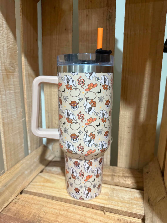 Cream Halloween Ghost & Pumpkin 40 oz Western Tumbler