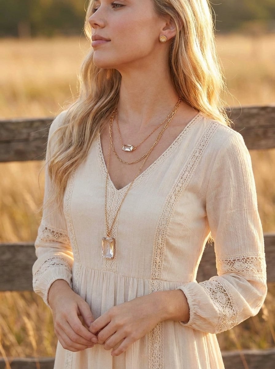 Gold Triple Strand Necklace & Earring Set - Pink Stones