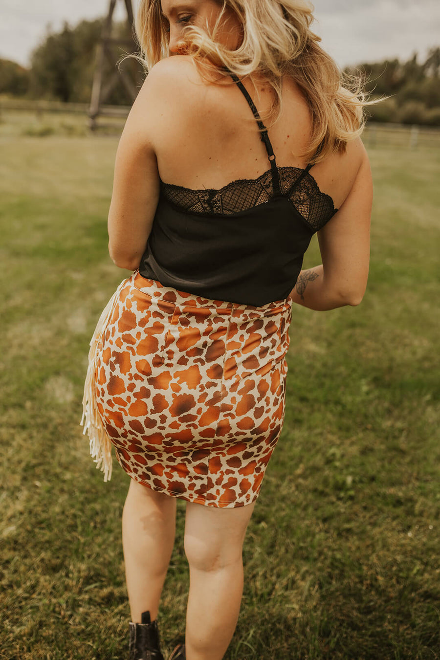 L&B Cow Print Fringe Skirt