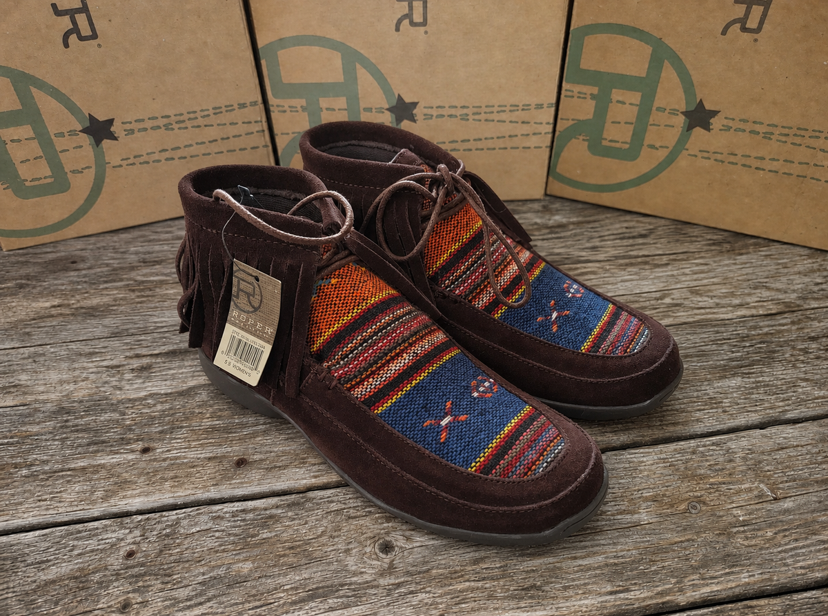 Roper Suede Fringe Chukka Moccasin Boots with Multicolor Textile Inset